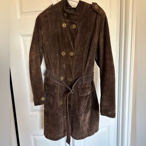 Chocolate Brown Genuine Suede Leather Trench Coat Vintage Y2K
